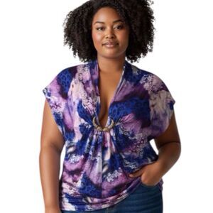Lane Bryant 22/24 Boho Art-to-Wear Purple Eclectic Mixed Print V-Neck Blouse